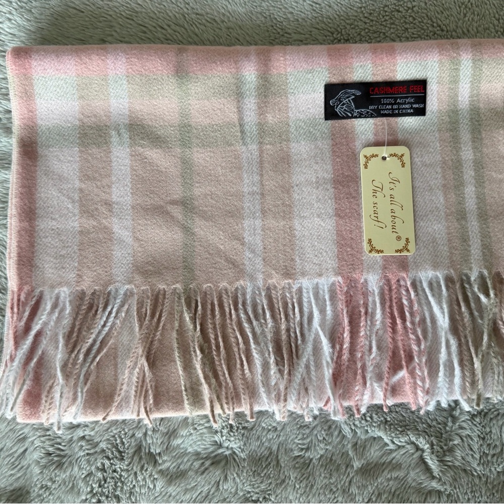 Pink and White Plaid Scarf with Fringe